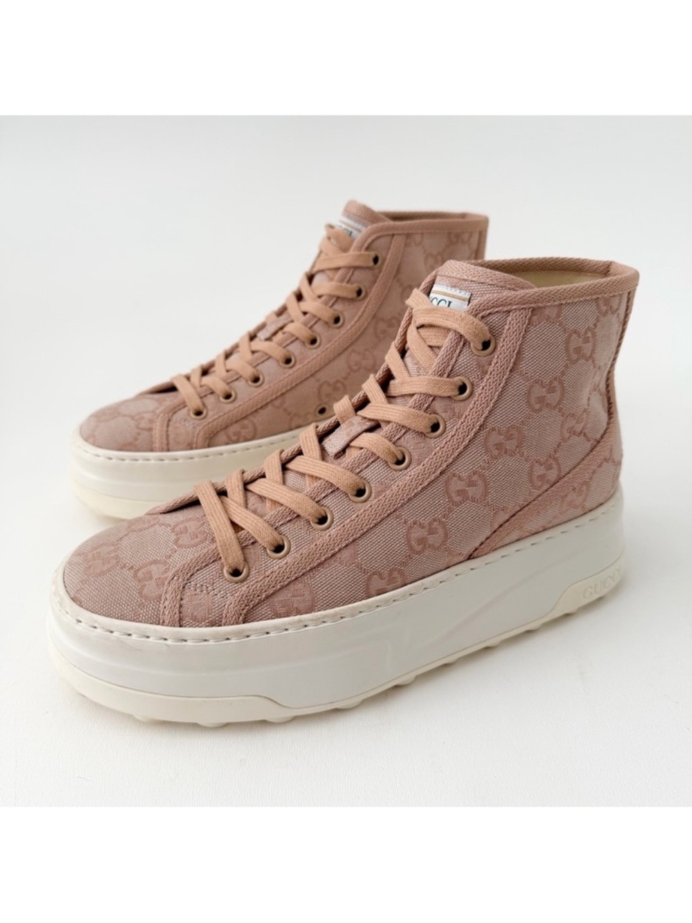 GUCCI | Pink GG Canvas High Top Platform Sneakers Tennis 1977 EU 38 - Picture 2 of 16